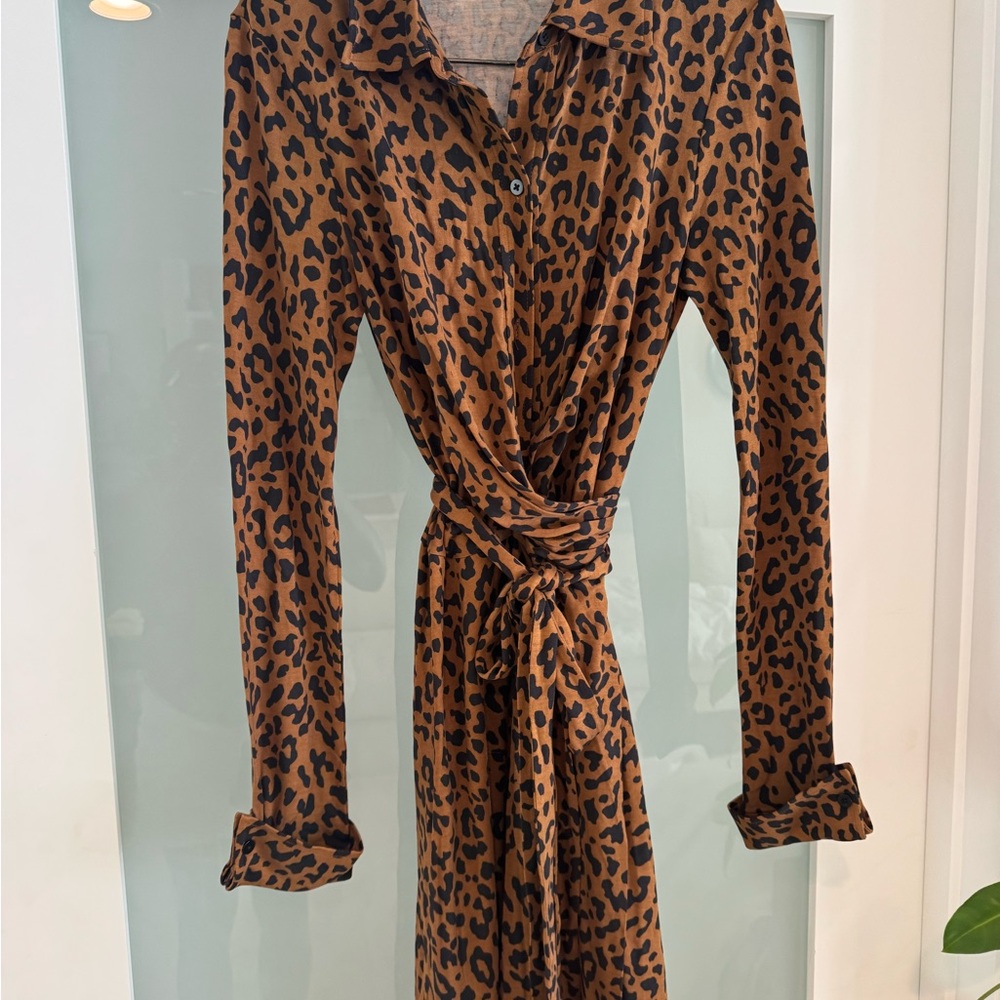 Diane Von Furstenberg Brown and Black Leopard Print Long Sleeve Wrap Dress